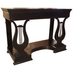 Antique French Neoclassical Lyre Base Console Table in Ebonized Mahogany