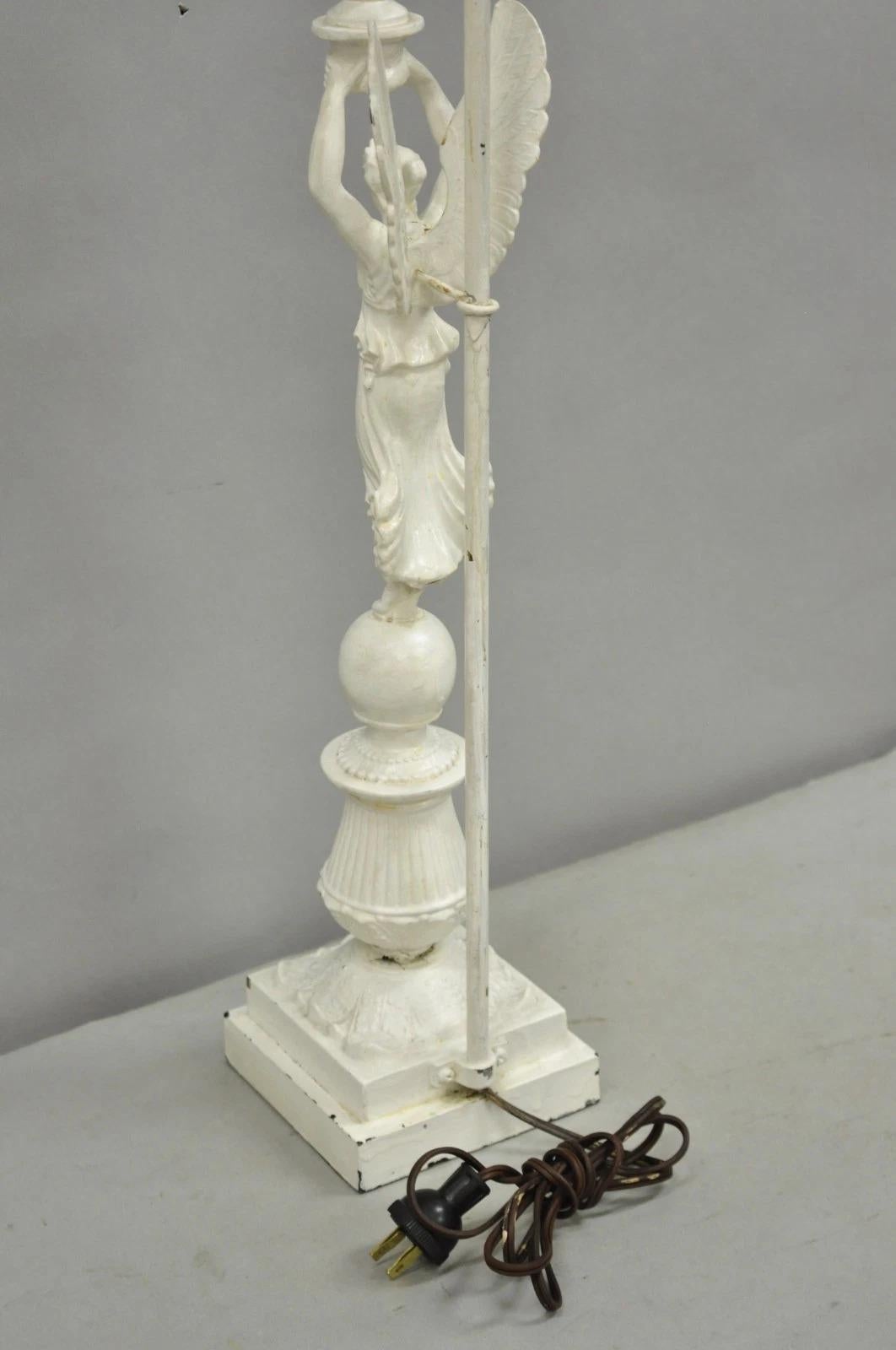 Antique French Neoclassical Metal Figural Winged Maiden Flame White Table Lamp For Sale 6