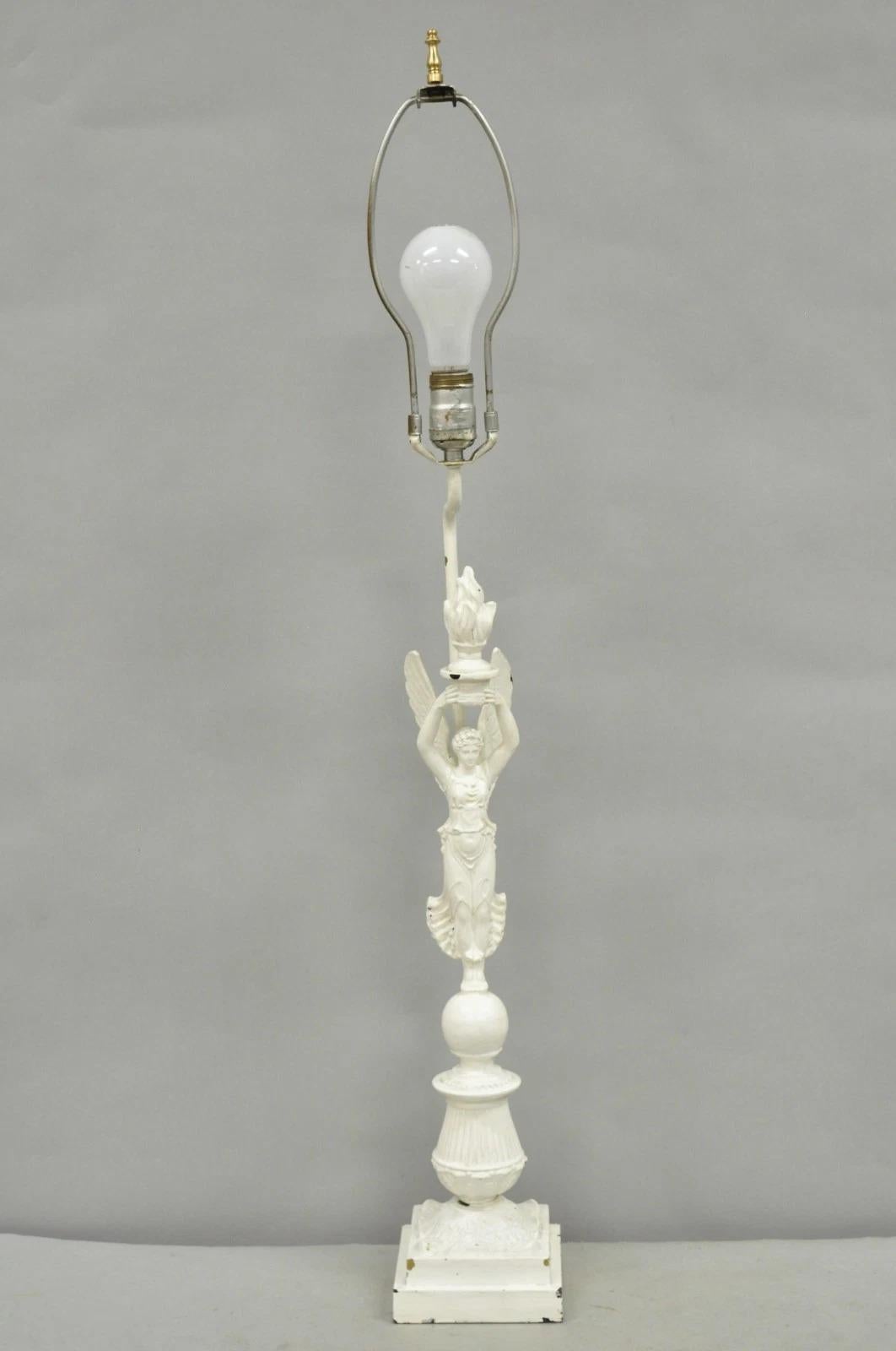 Antique French Neoclassical Metal Figural Winged Maiden Flame White Table Lamp For Sale 8