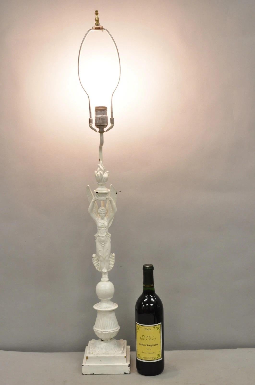 Antique French Neoclassical Metal Figural Winged Maiden Flame White Table Lamp. Circa Early 20th Century. Measurements: 37