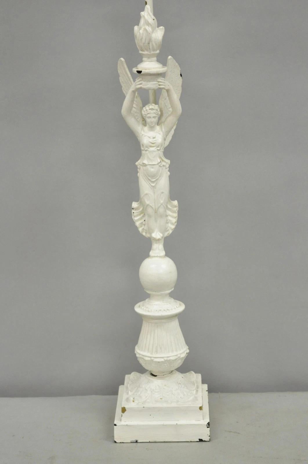 Antique French Neoclassical Metal Figural Winged Maiden Flame White Table Lamp In Good Condition For Sale In Philadelphia, PA