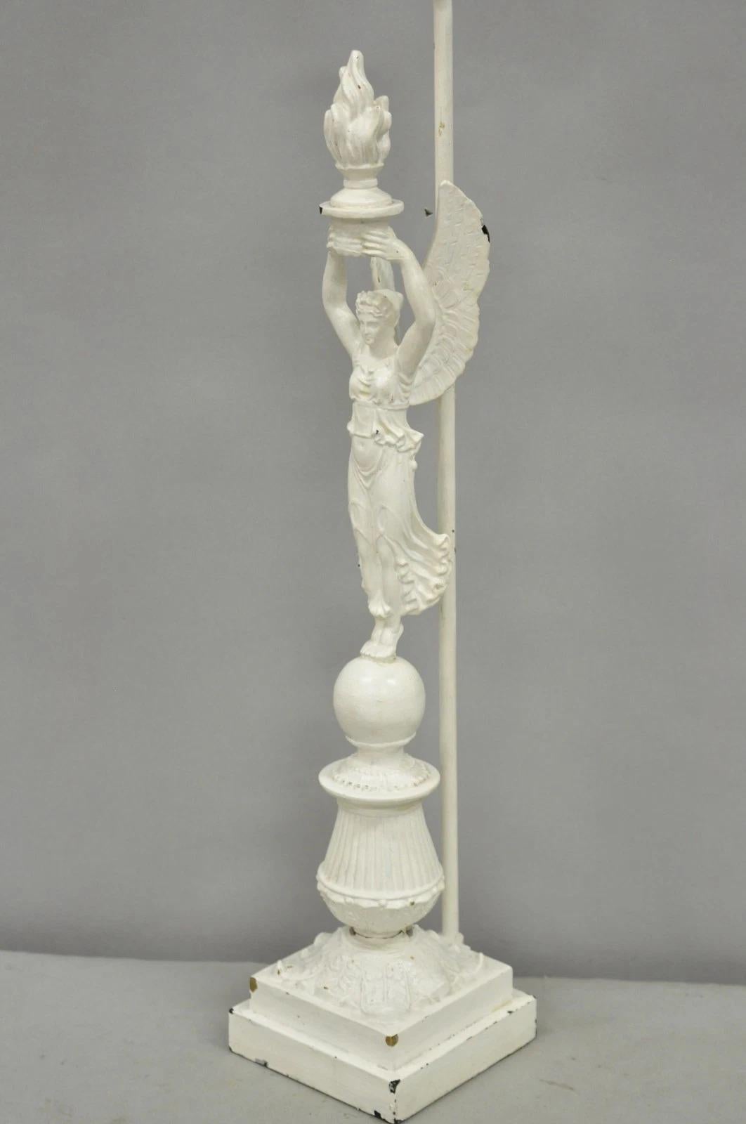 20th Century Antique French Neoclassical Metal Figural Winged Maiden Flame White Table Lamp For Sale