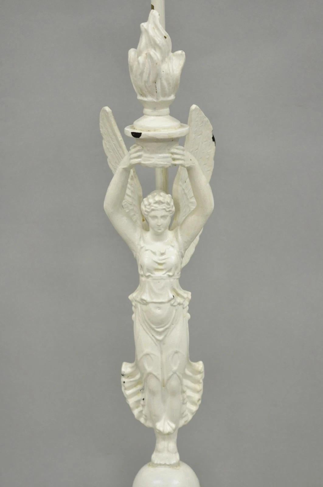 Antique French Neoclassical Metal Figural Winged Maiden Flame White Table Lamp For Sale 1