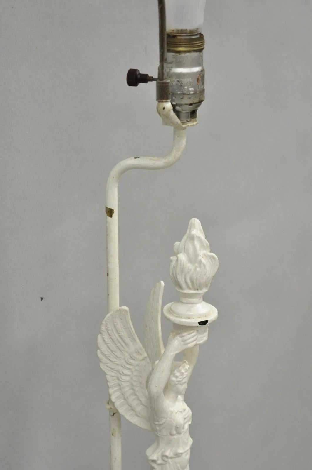 Antique French Neoclassical Metal Figural Winged Maiden Flame White Table Lamp For Sale 2