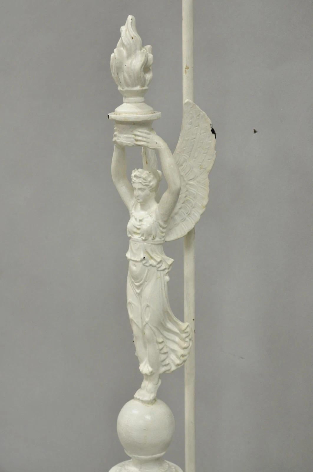Antique French Neoclassical Metal Figural Winged Maiden Flame White Table Lamp For Sale 3