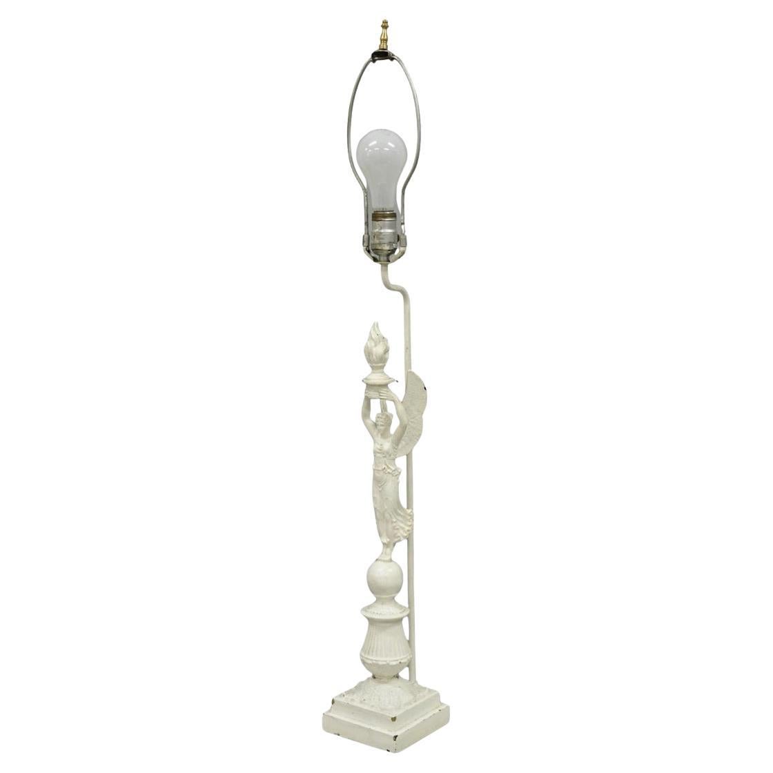 Antique French Neoclassical Metal Figural Winged Maiden Flame White Table Lamp