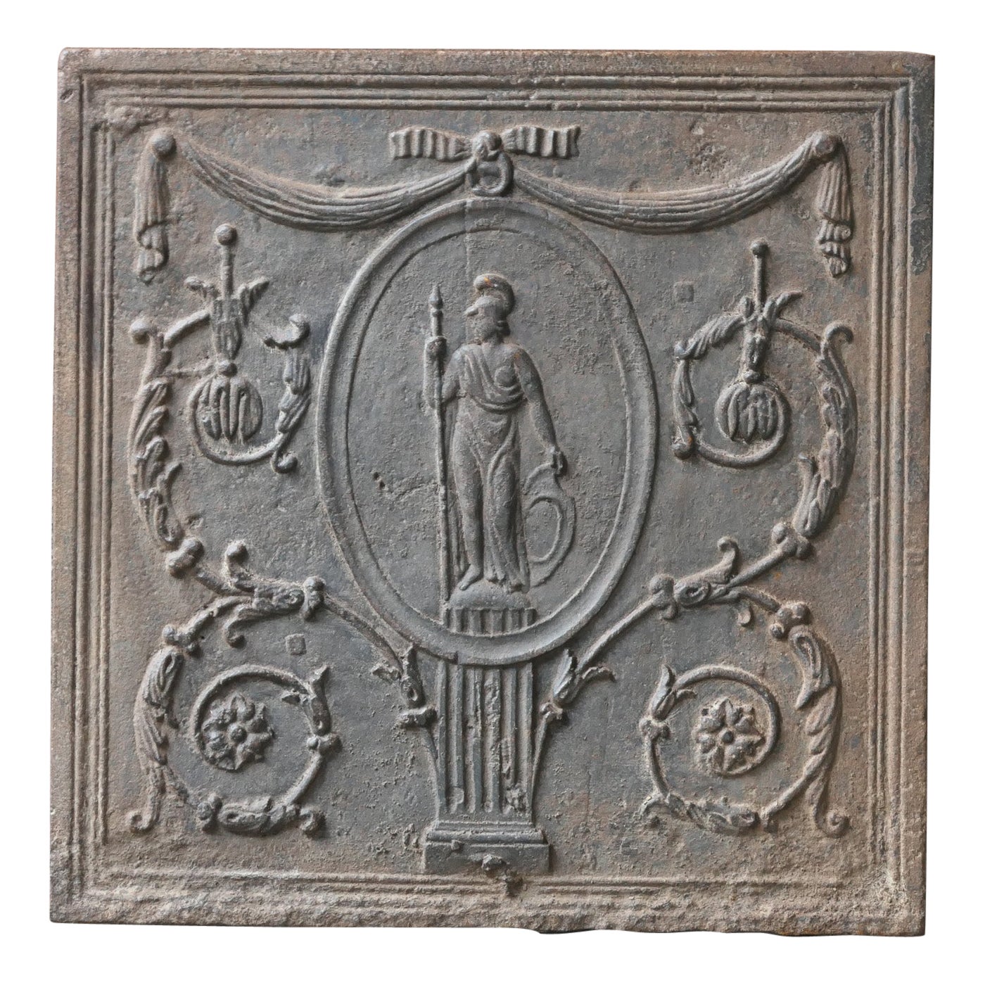Plaque de cheminée néoclassique française ancienne Minerva, 18e-19e siècle
