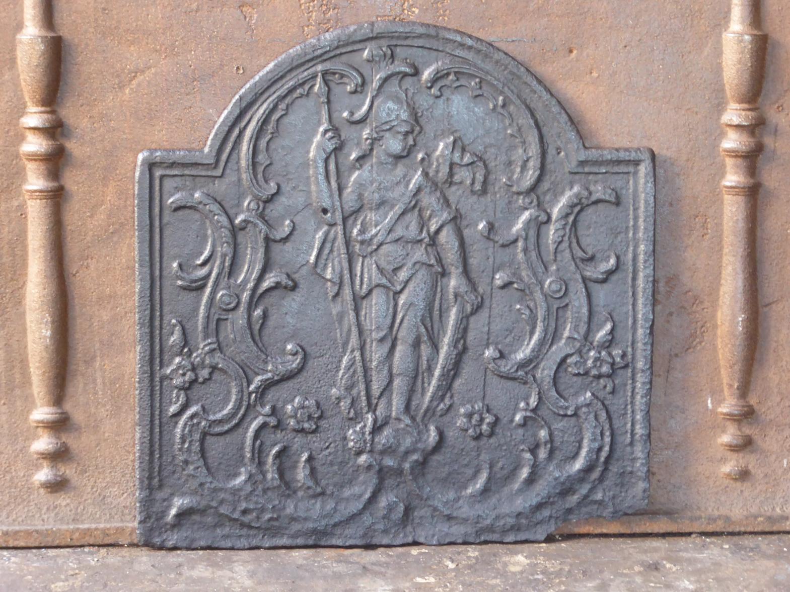 18th - 19th century French neoclassical fireback with the goddess Minerva. Goddess of knowledge, intellect and ingenuity of the human spirit. She is often depicted with an owl, symbol of wisdom.

The fireback is made of cast iron and has a black /