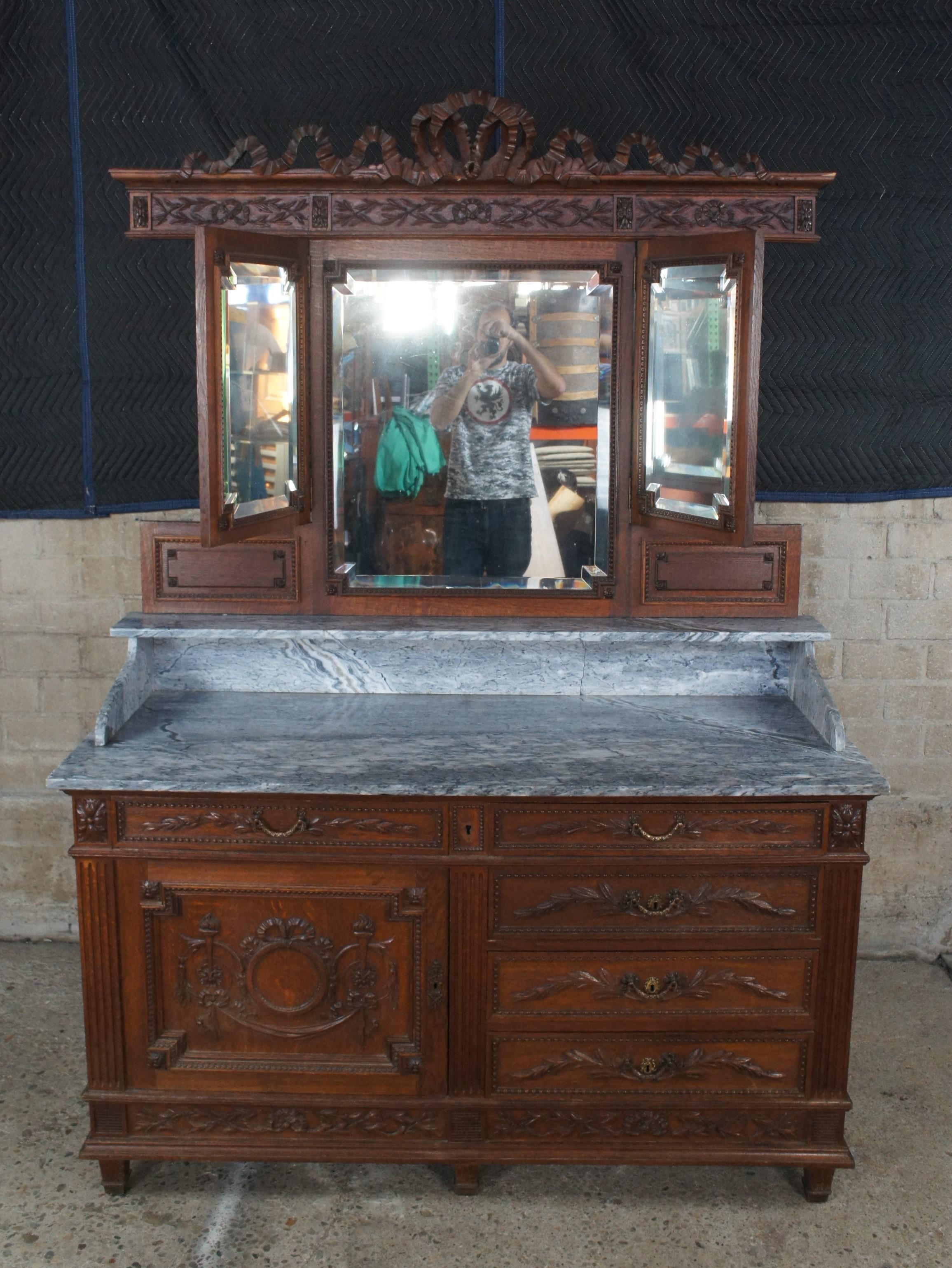 Antique French Neoclassical Oak Marble Mirrored Dresser Sideboard Buffet Server For Sale 7