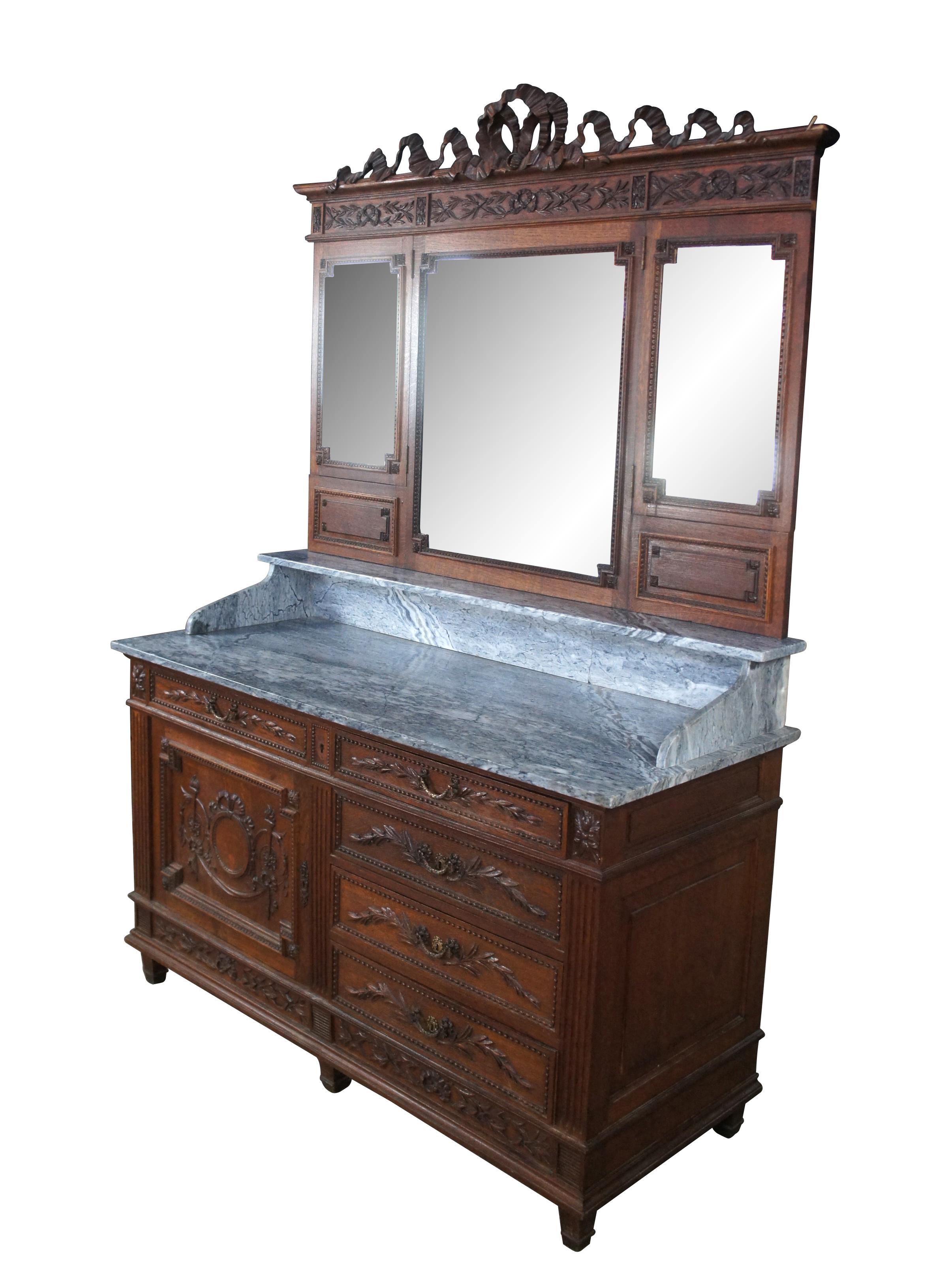 Antique French Neoclassical Oak Marble Mirrored Dresser Sideboard Buffet Server In Fair Condition For Sale In Dayton, OH