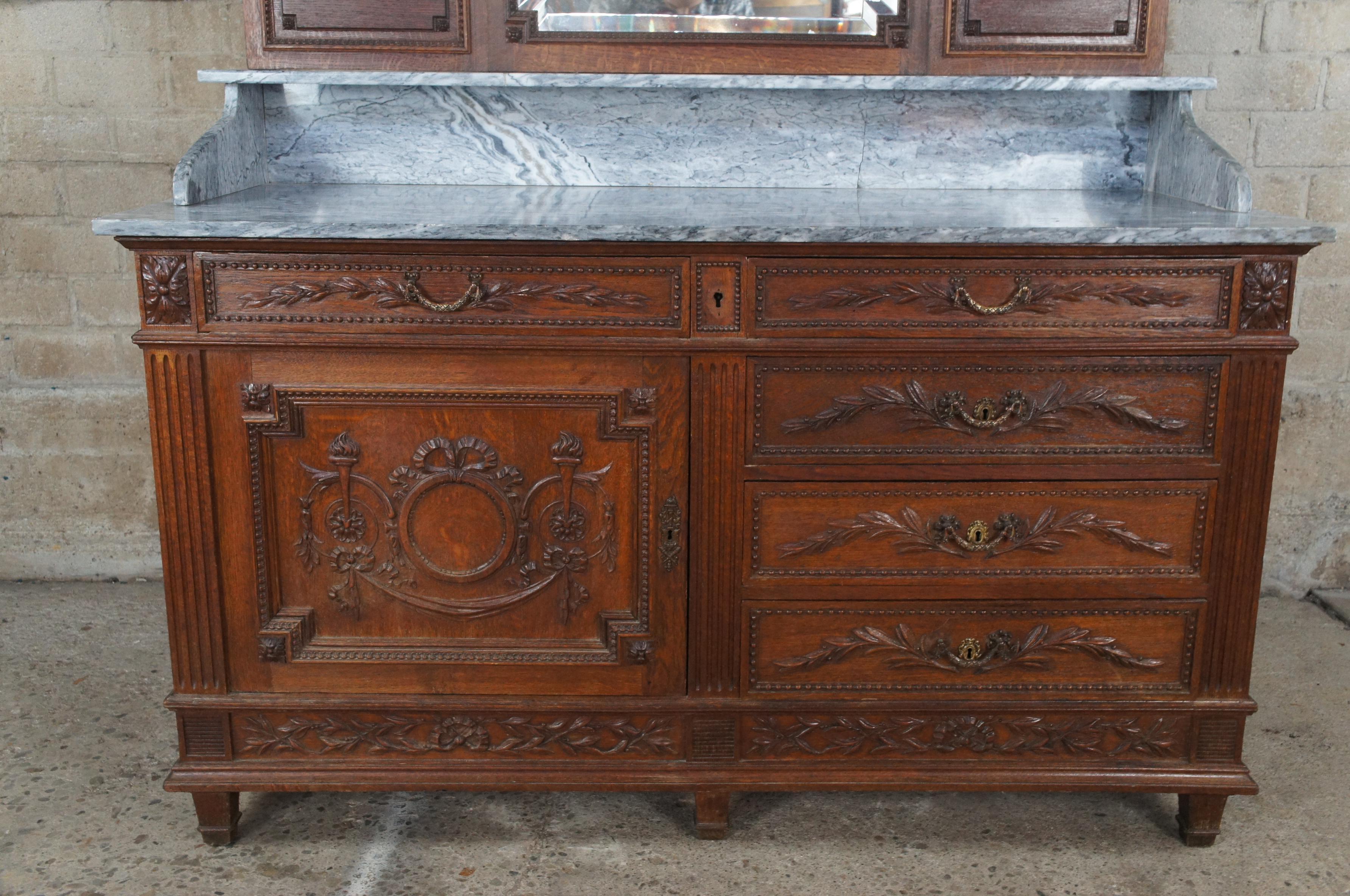 19th Century Antique French Neoclassical Oak Marble Mirrored Dresser Sideboard Buffet Server For Sale