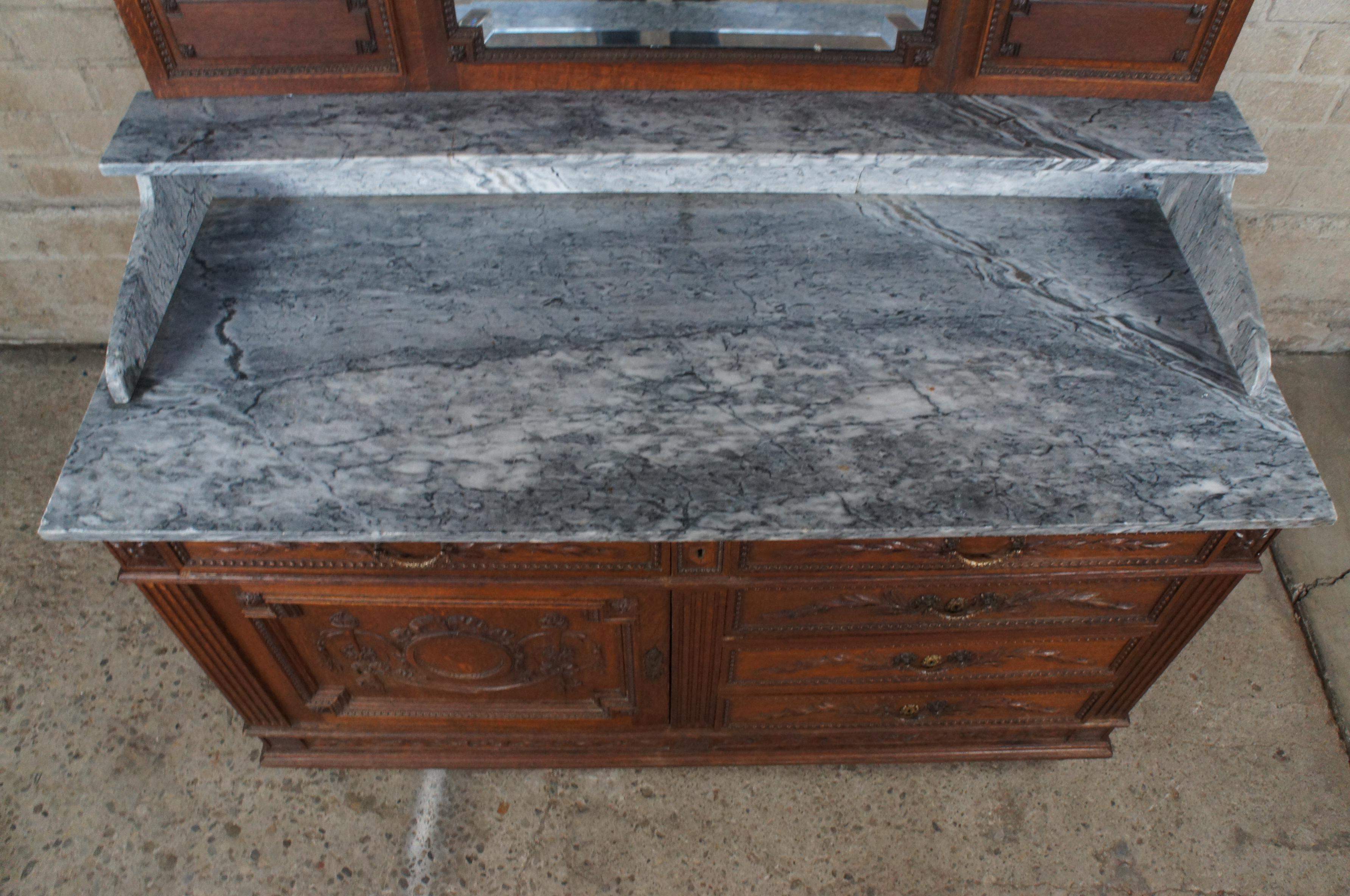 Antique French Neoclassical Oak Marble Mirrored Dresser Sideboard Buffet Server For Sale 4