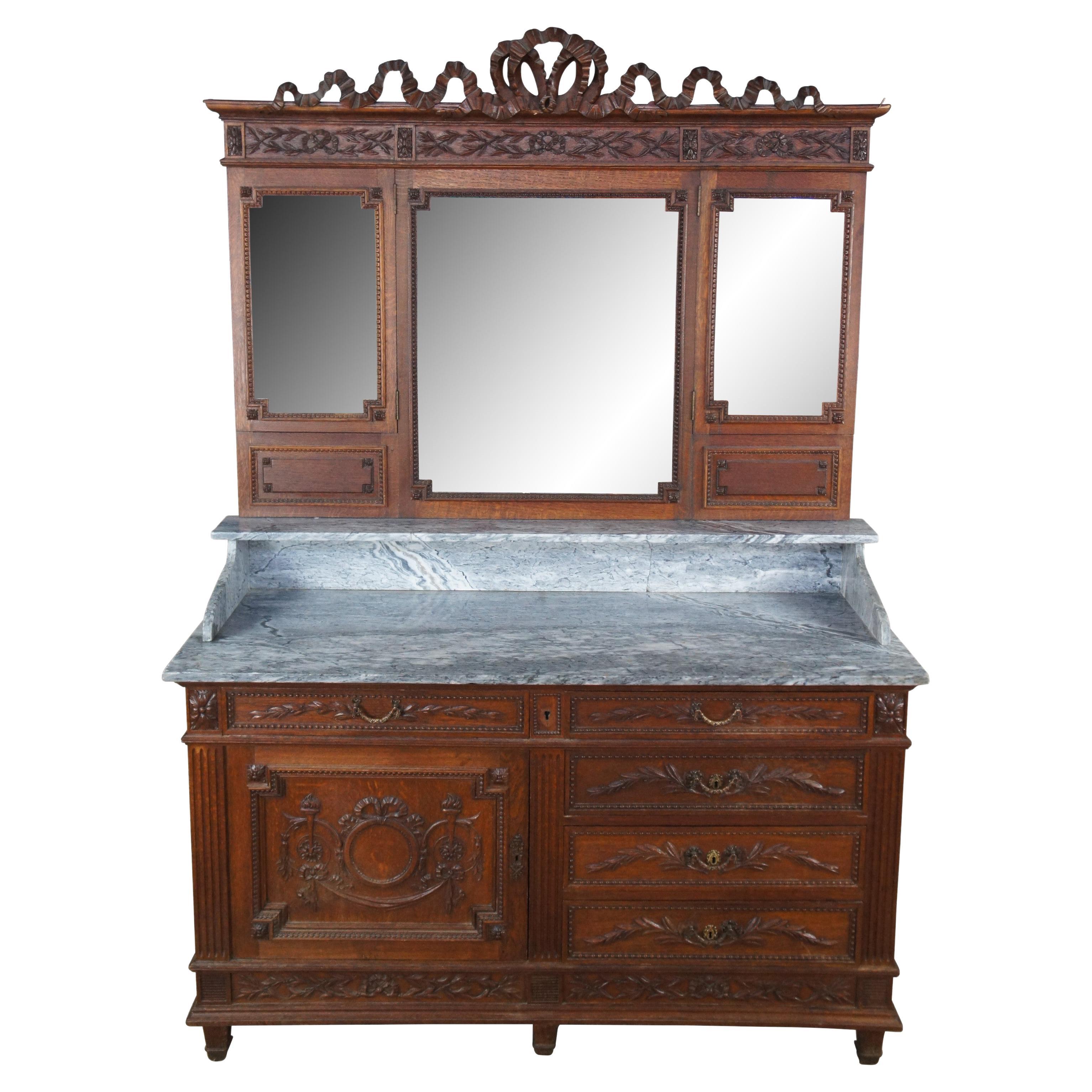 Antique French Neoclassical Oak Marble Mirrored Dresser Sideboard Buffet Server For Sale