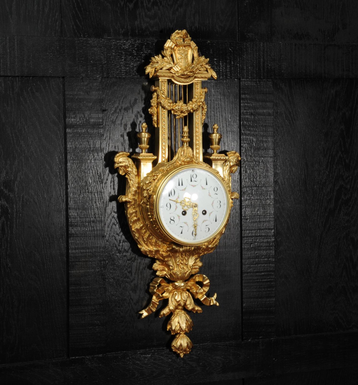 Antique French Neoclassical Ormolu Lyre Cartel Wall Clock 7