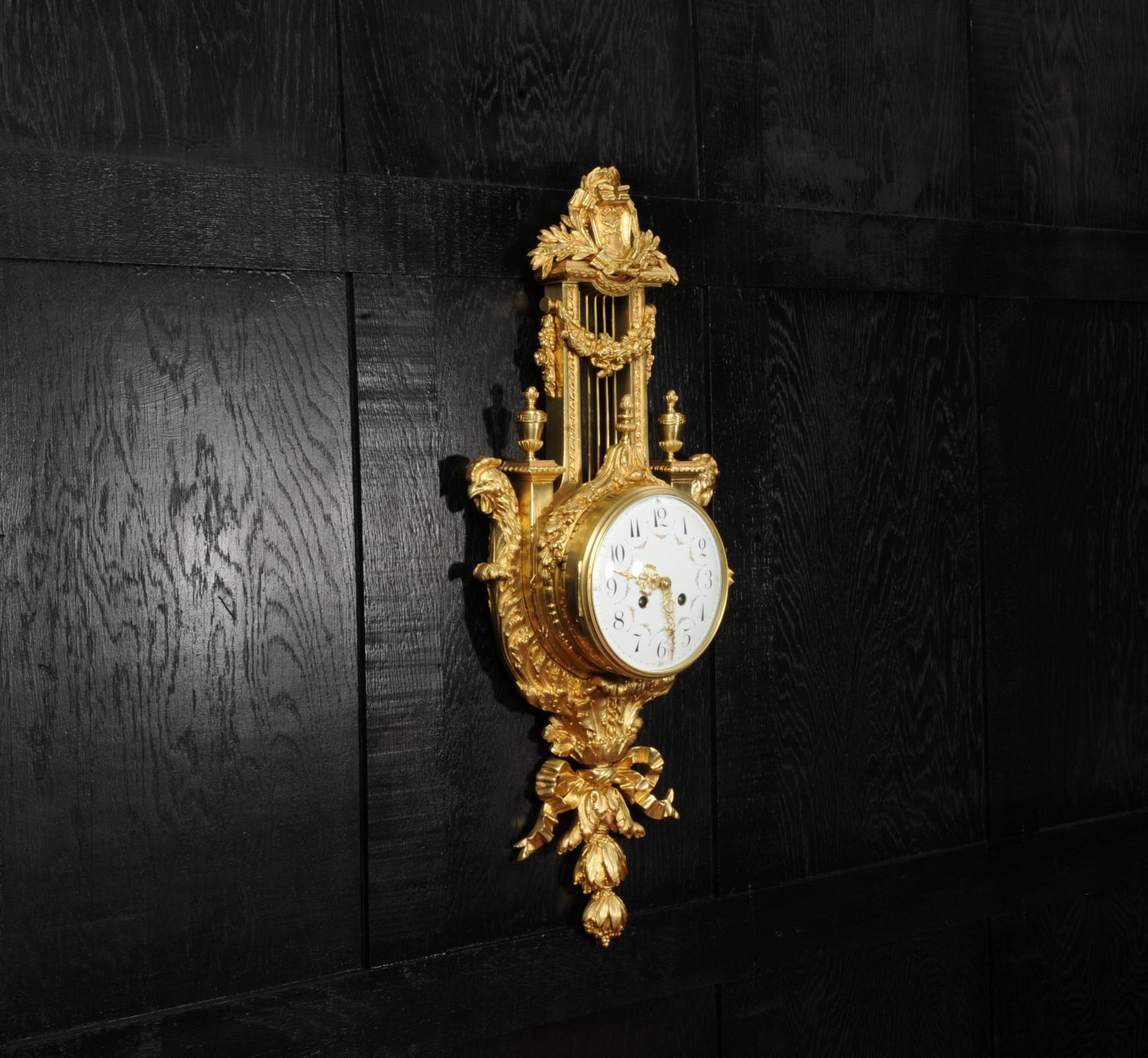Antique French Neoclassical Ormolu Lyre Cartel Wall Clock In Good Condition In Belper, Derbyshire
