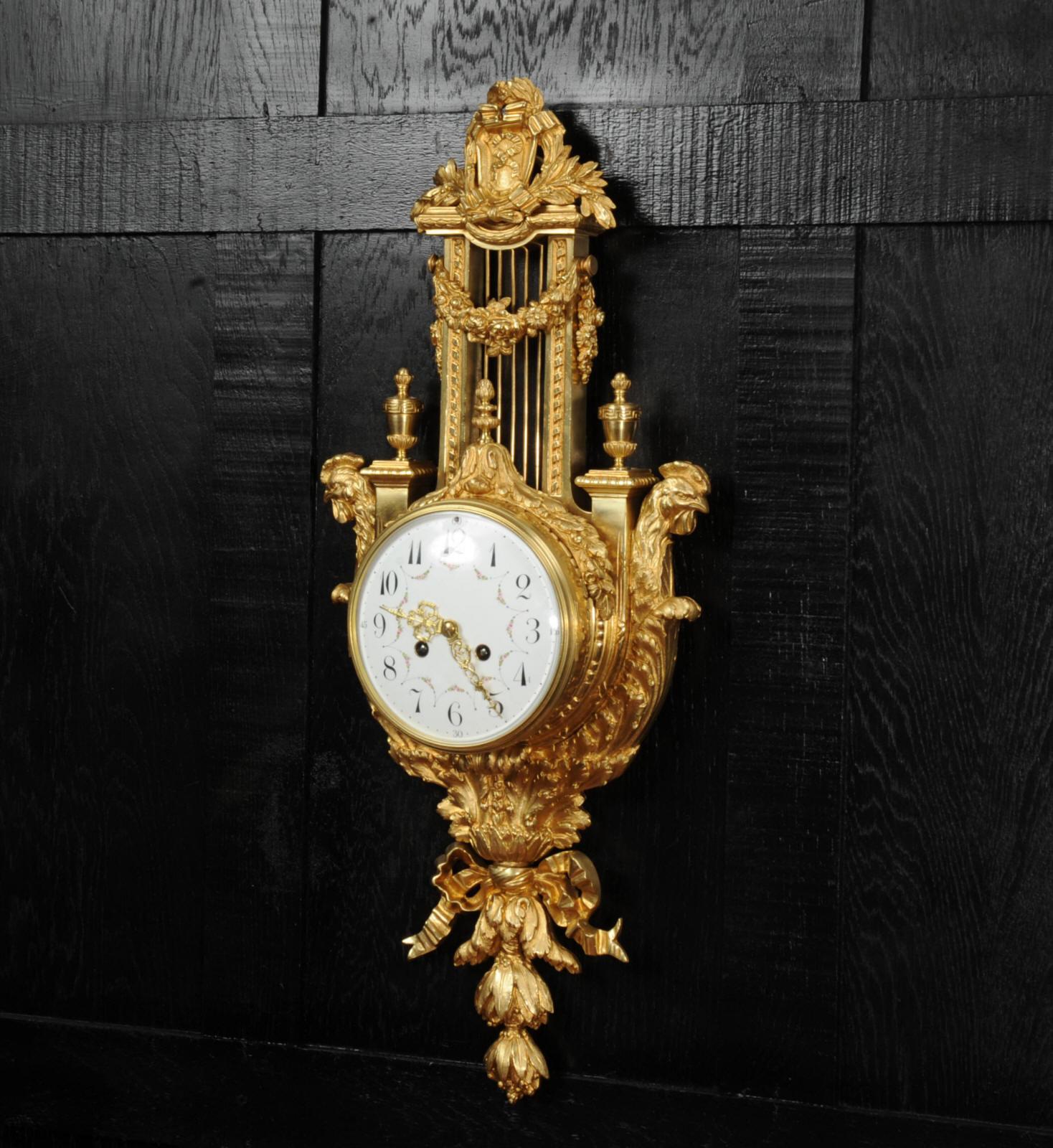 19th Century Antique French Neoclassical Ormolu Lyre Cartel Wall Clock