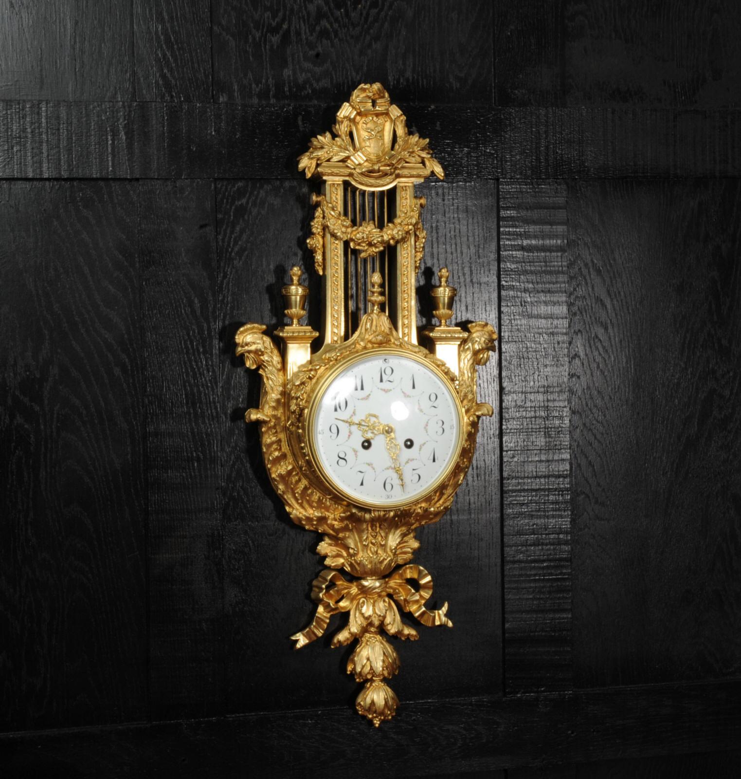 Antique French Neoclassical Ormolu Lyre Cartel Wall Clock 5