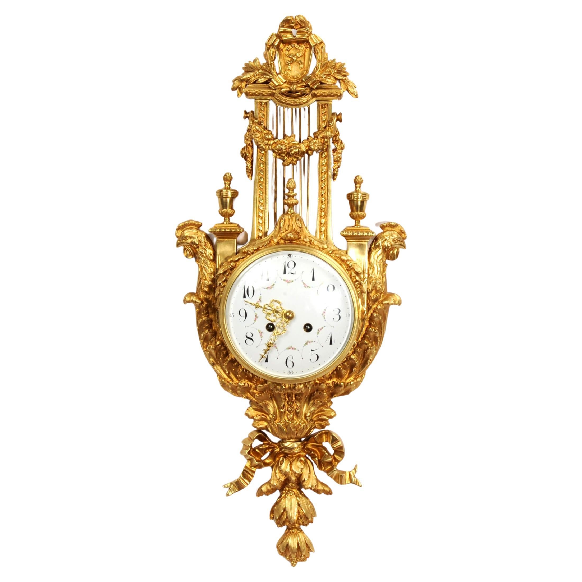 Antique French Neoclassical Ormolu Lyre Cartel Wall Clock