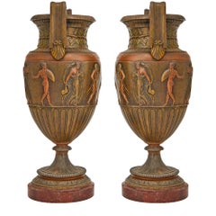 Antique French Neoclassical Patinated Bronze Decorative Urn / Red Marble Base