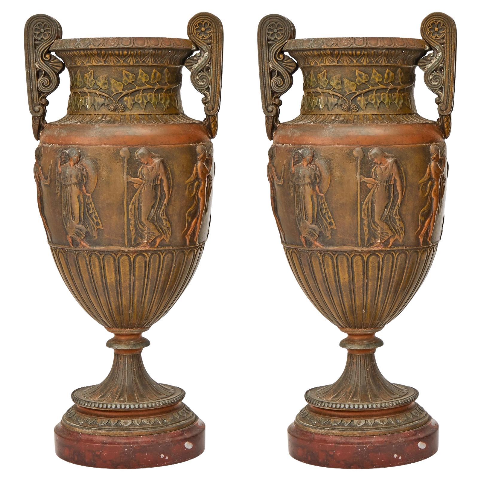 Antique French Neoclassica Urna decorativa in bronzo patinato / Base in marmo rosso