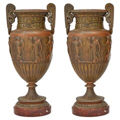 Antique French Neoclassical Patinated Bronze Decorative Urn / Red Marble Base