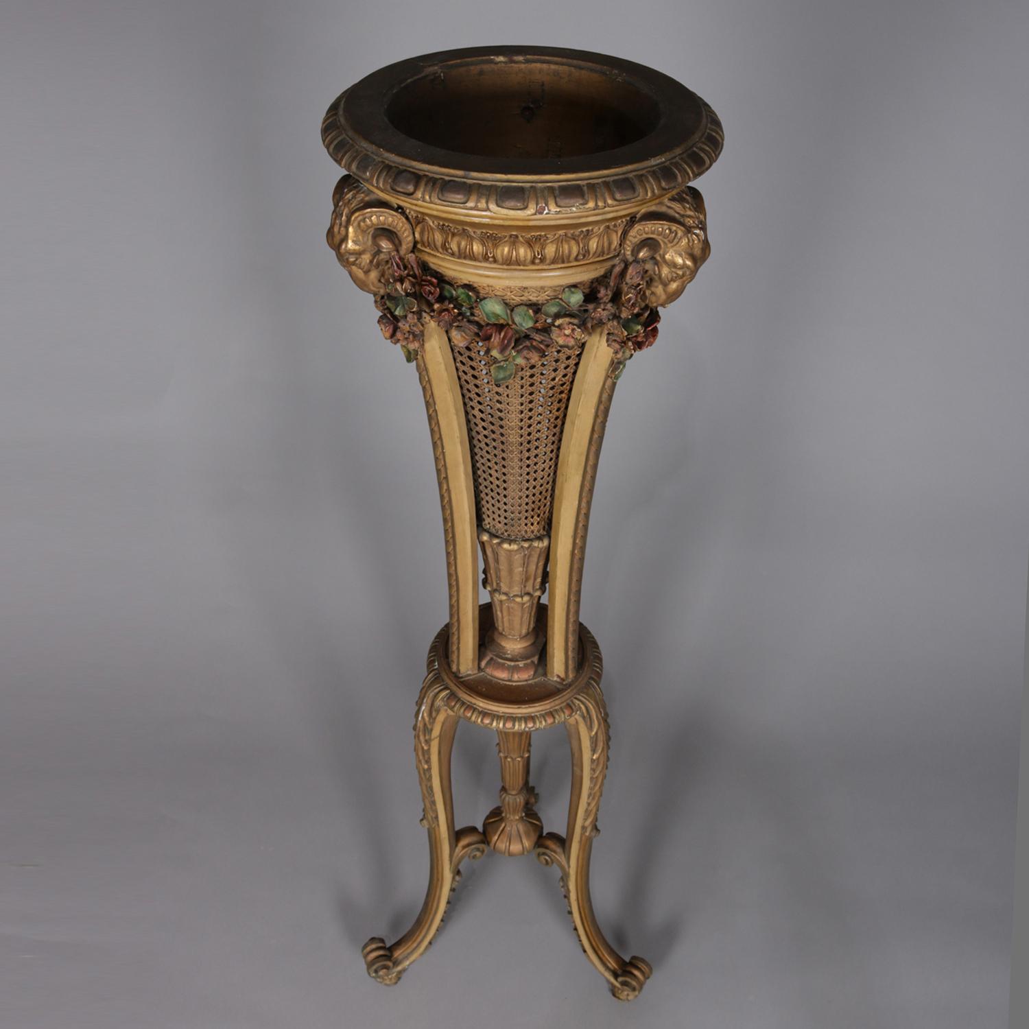 19th Century Antique French Neoclassical Polychromed Figural Giltwood Planter with Ram