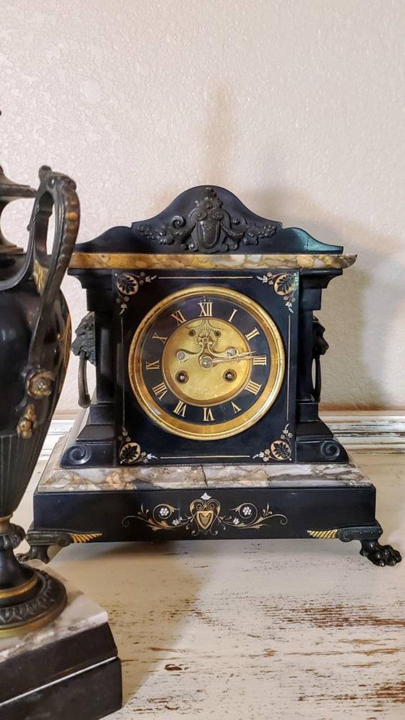 Gilt Antique French Neoclassical Revival Mantel Clock & Urn Garniture Set For Sale