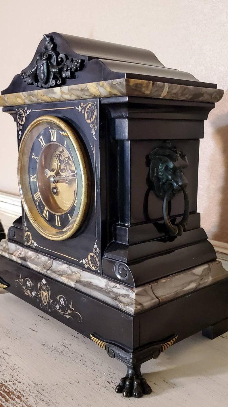 Antique French Neoclassical Revival Mantel Clock & Urn Garniture Set In Fair Condition For Sale In Forney, TX