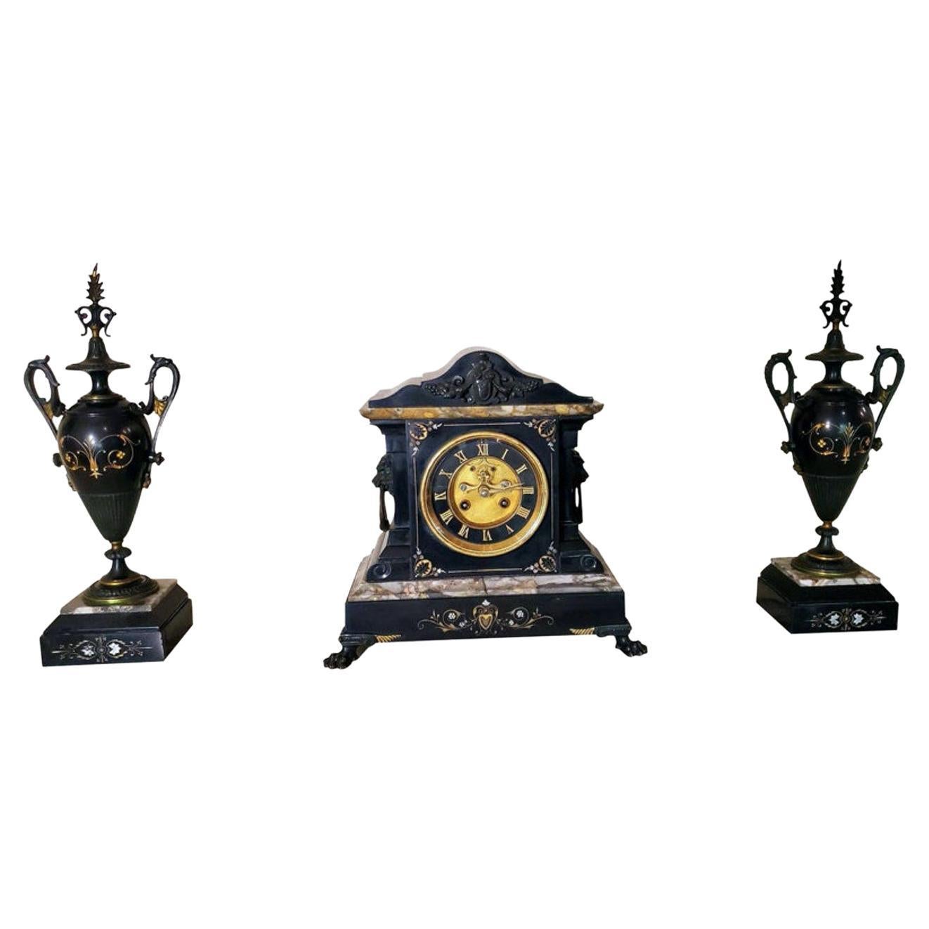Antique French Neoclassical Revival Mantel Clock & Urn Garniture Set