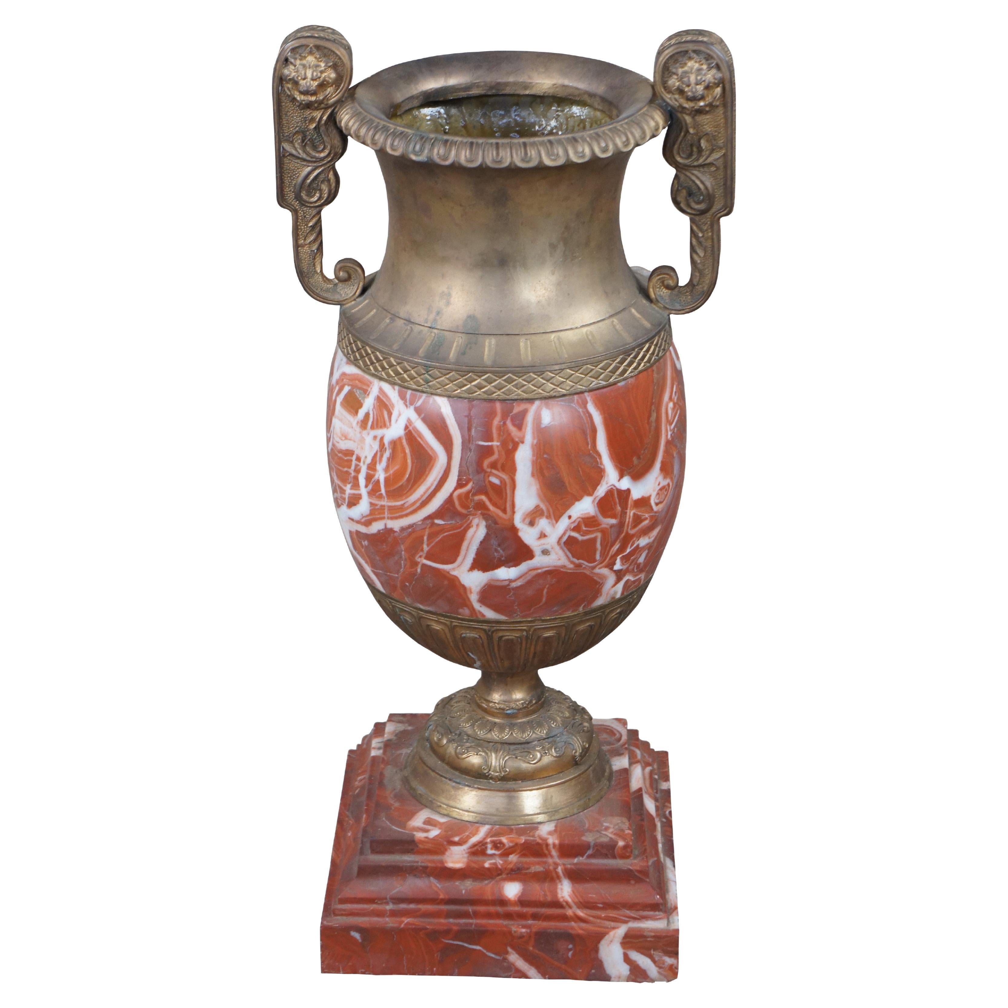 Antike französische neoklassizistische Urne Cassolette 31" aus rotem Marmor und Bronze in Goldbronze, Goldbronze im Angebot