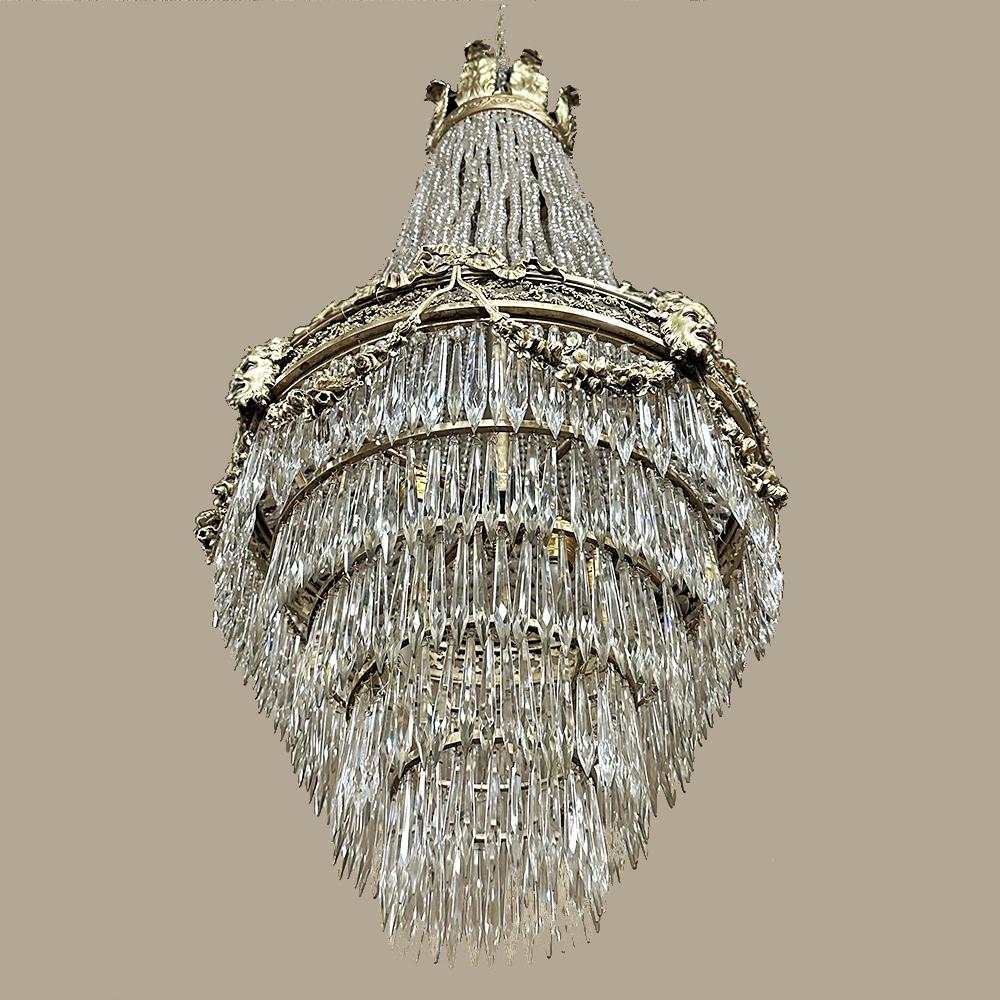 Hand-Crafted Antique French Neoclassical Sack of Pearls Bronze & Crystal Chandelier For Sale
