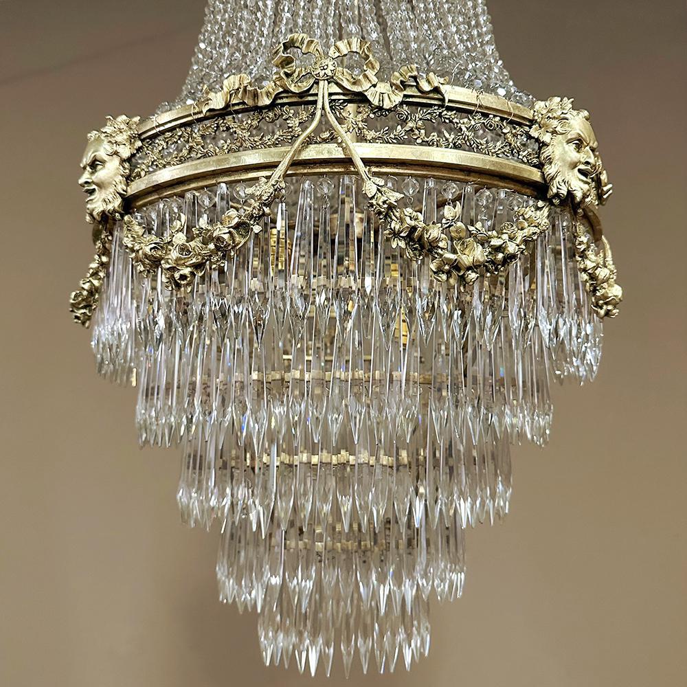 Brass Antique French Neoclassical Sack of Pearls Bronze & Crystal Chandelier For Sale