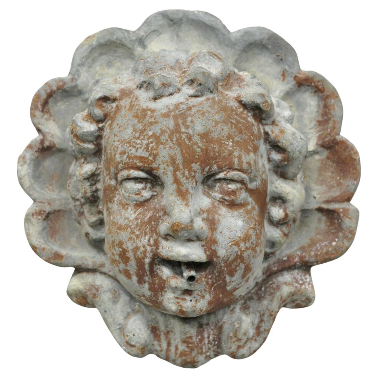 Antique French Neoclassical Small Lead Cherub Head Garden Wall Fountain For Sale