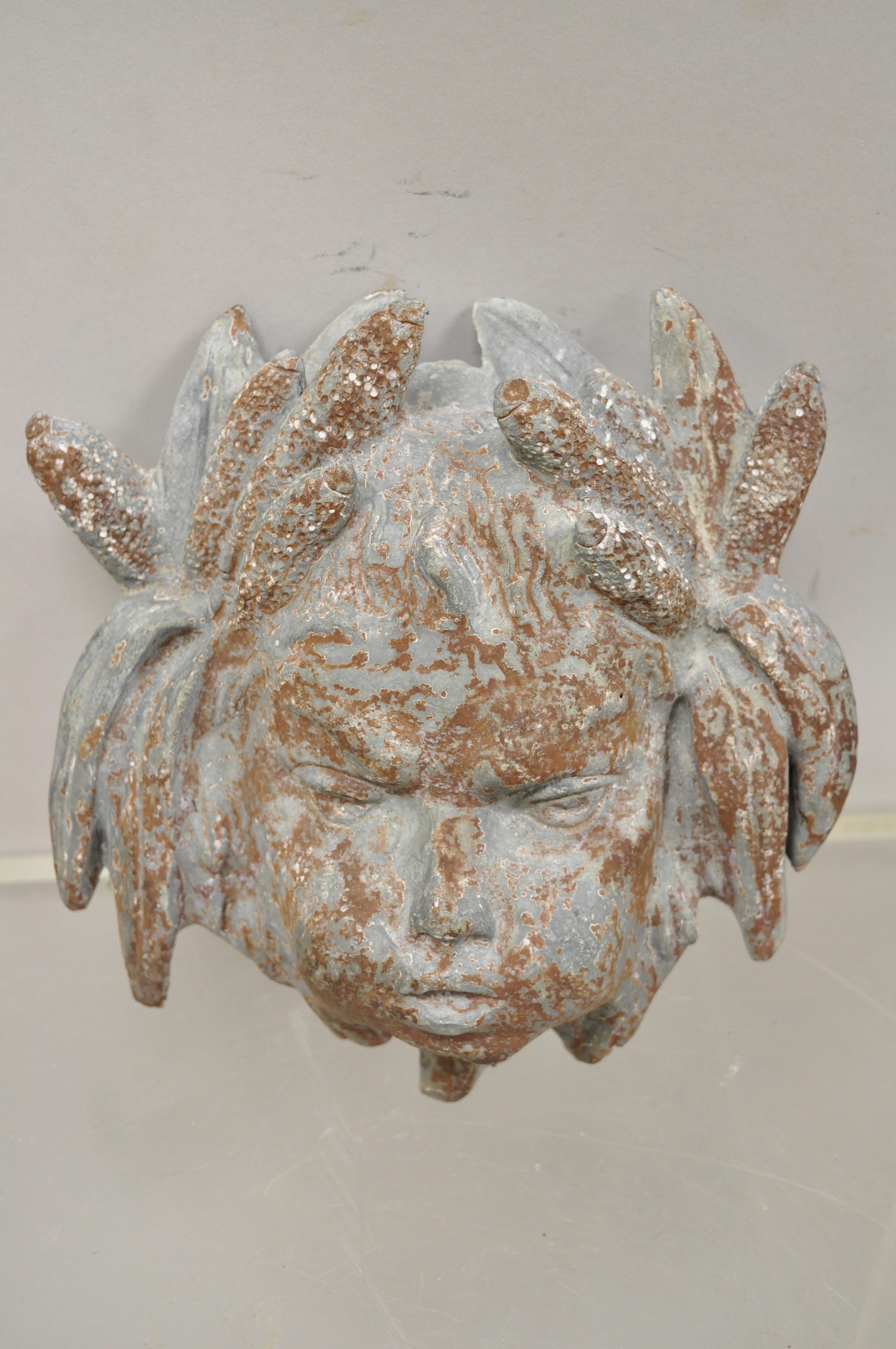 Antique French Neoclassical Small Lead Cherub Head Wall Fountain Garden Art. Item features a cast lead form, wonderful detail desirable patina, very nice item, great style and form, approx. 5lbs. *Does not have hole in the front for water to flow*