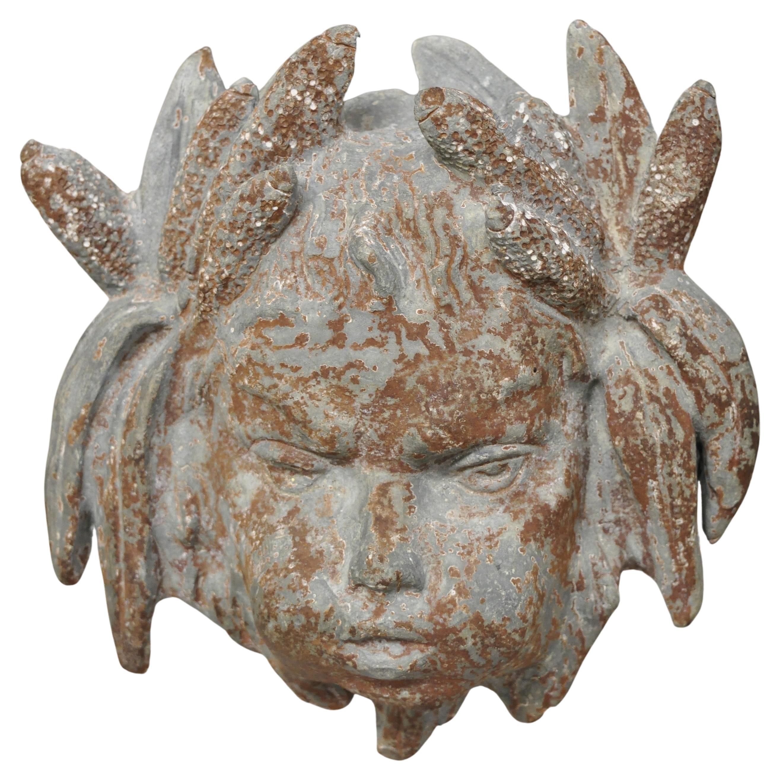 Antique French Neoclassical Small Lead Cherub Head Wall Fountain Garden Art For Sale