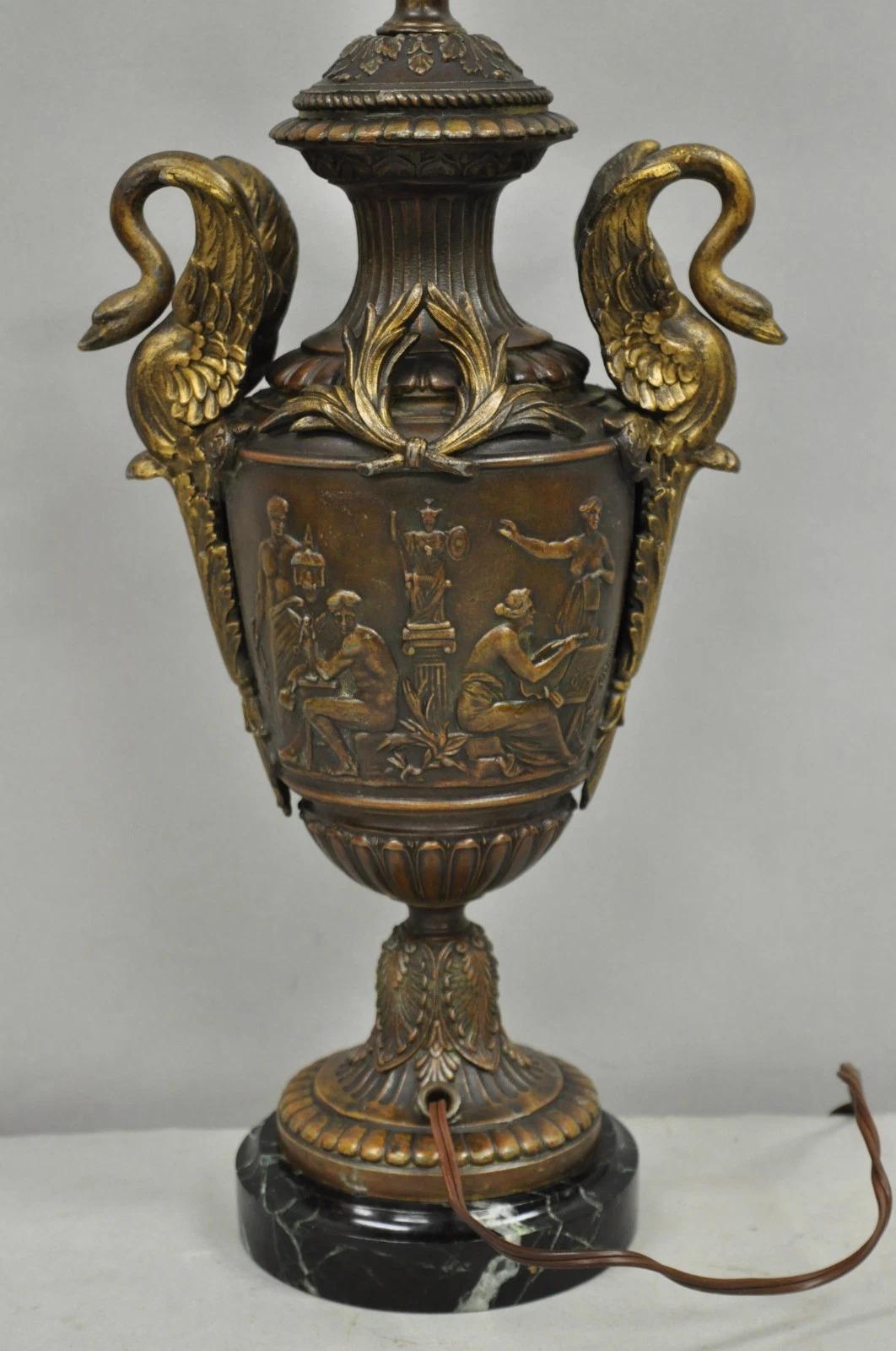 Antique French Neoclassical Style Bronze Figural Swans Table Lamp Signed Picault For Sale 7