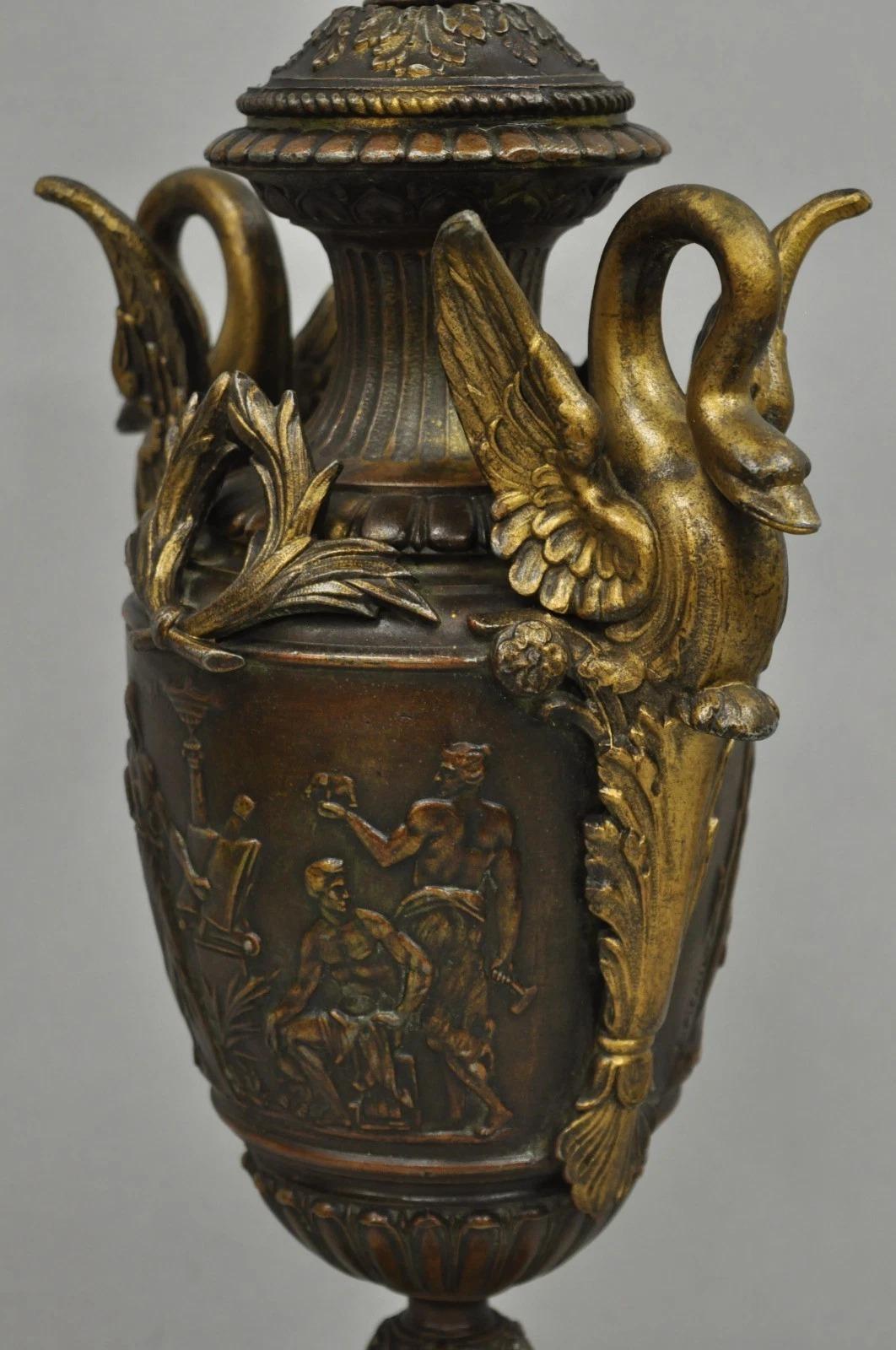 Antique French Neoclassical Style Bronze Figural Swans Table Lamp Signed Picault For Sale 9