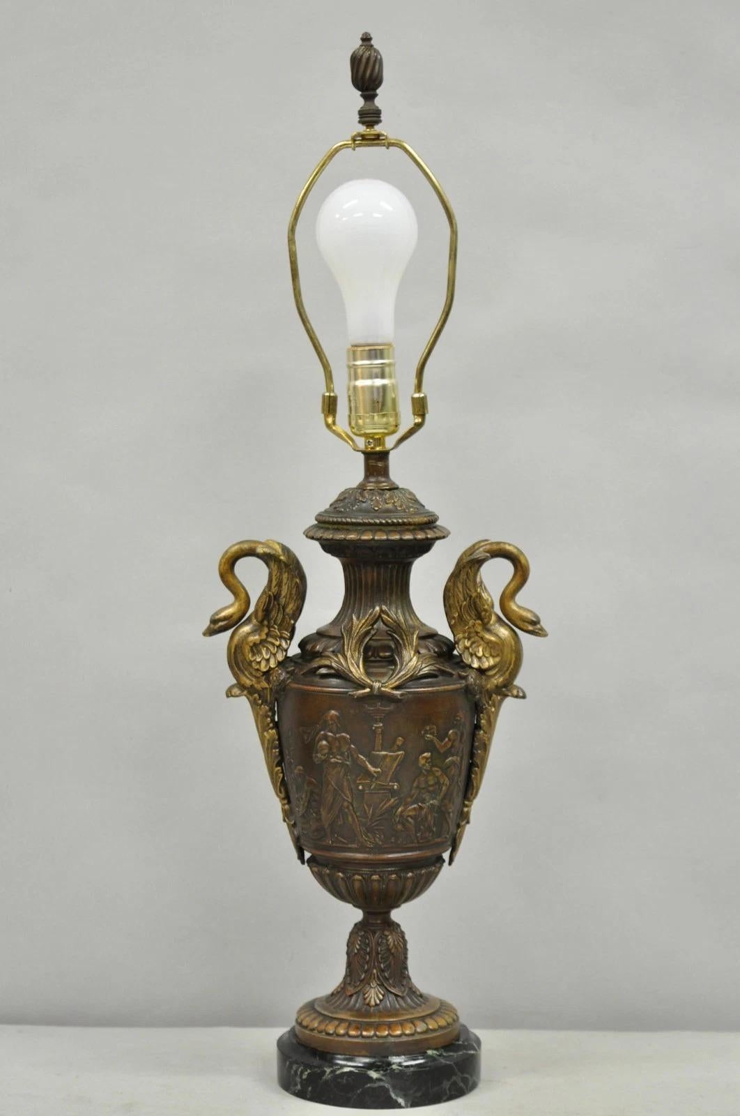 Antique French Neoclassical Style Bronze Figural Swans Table Lamp Signed Picault For Sale 10