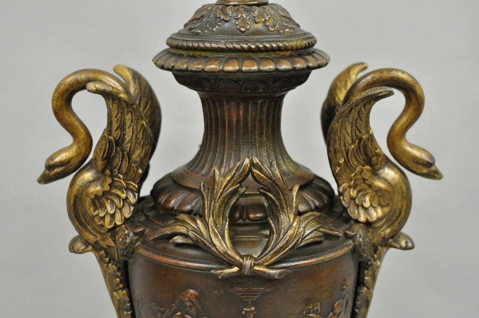 Antique French Neoclassical Style Bronze Figural Swans Table Lamp Signed Picault In Good Condition For Sale In Philadelphia, PA