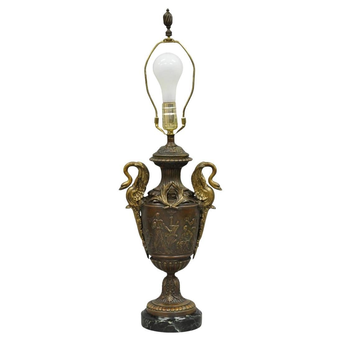 Antique French Neoclassical Style Bronze Figural Swans Table Lamp Signed Picault For Sale