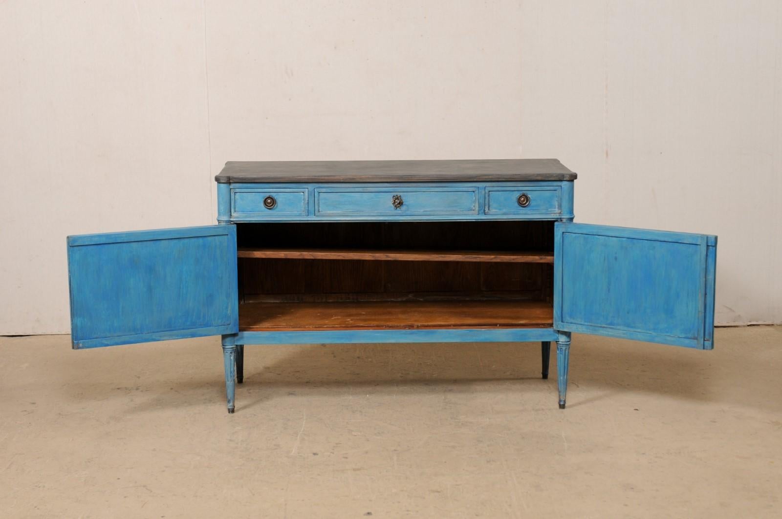 Antique French Neoclassical-Style Carved-Wood Buffet Console, in Blue Color  For Sale 7