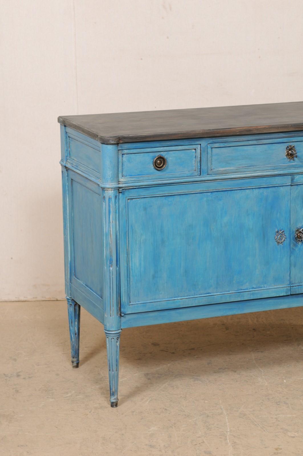 Antique French Neoclassical-Style Carved-Wood Buffet Console, in Blue Color  In Good Condition For Sale In Atlanta, GA