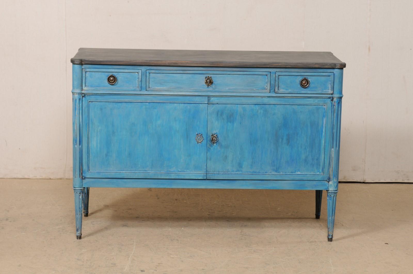20th Century Antique French Neoclassical-Style Carved-Wood Buffet Console, in Blue Color  For Sale