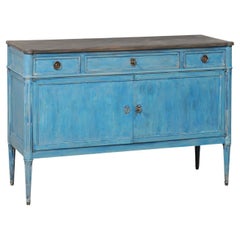 Antique French Neoclassical-Style Carved-Wood Buffet Console, in Blue Color 