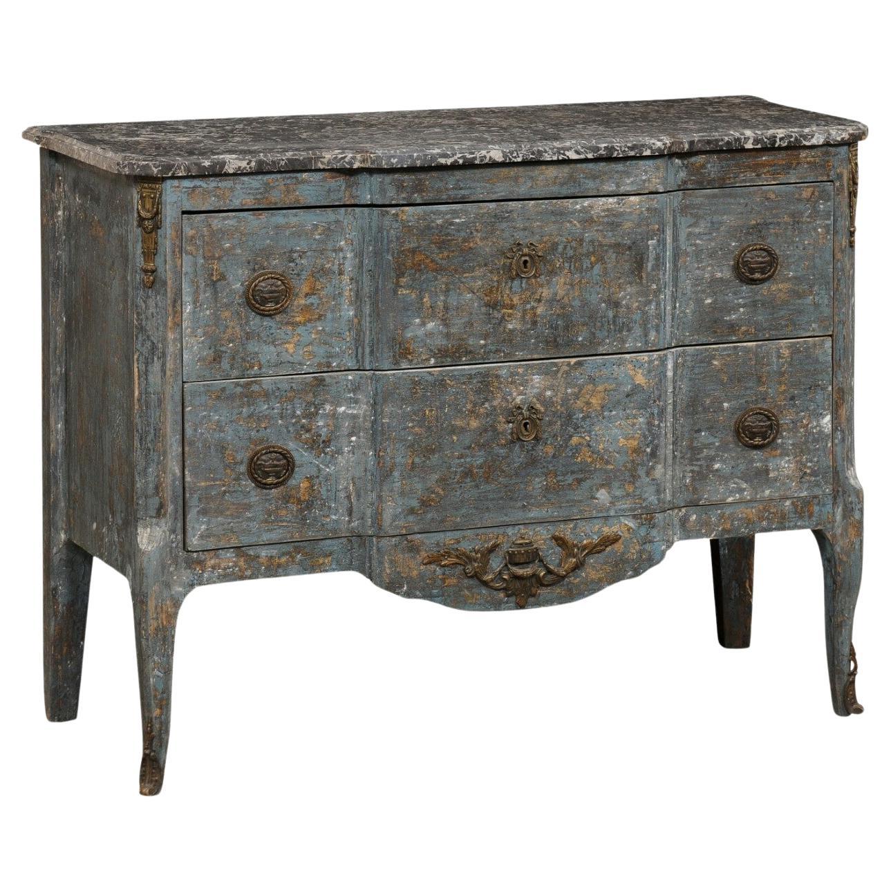Antique French Neoclassical Style Commode w/Black Marble Top & Scraped Finish For Sale