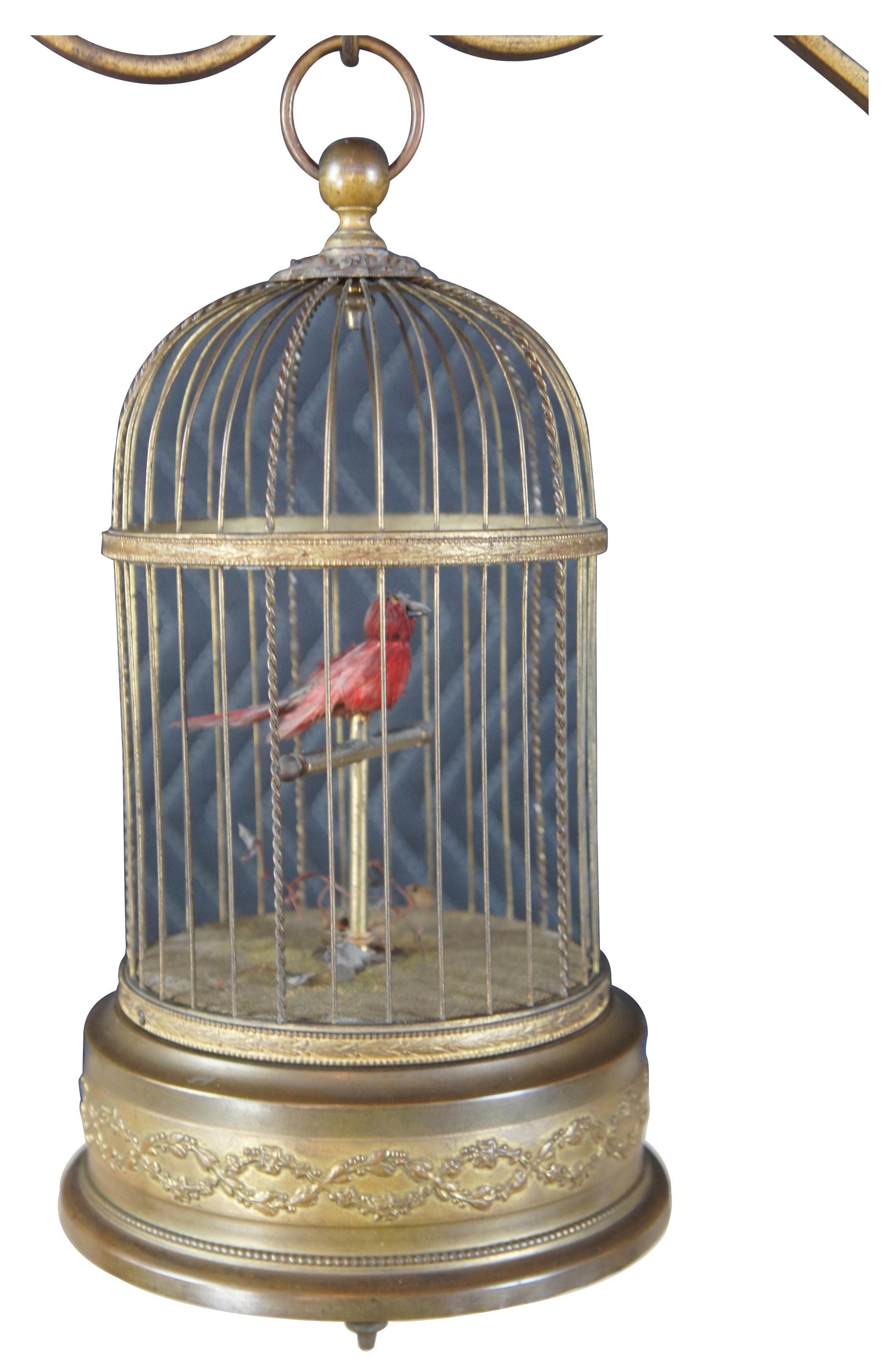 Antique automation music box bird cage and stand. The birdcage is made of brass with a neoclassical motif of a wreath surrounding the base. The stand is made of scrolled brass and wrought iron with a floral finial. The song bird moves and turns when