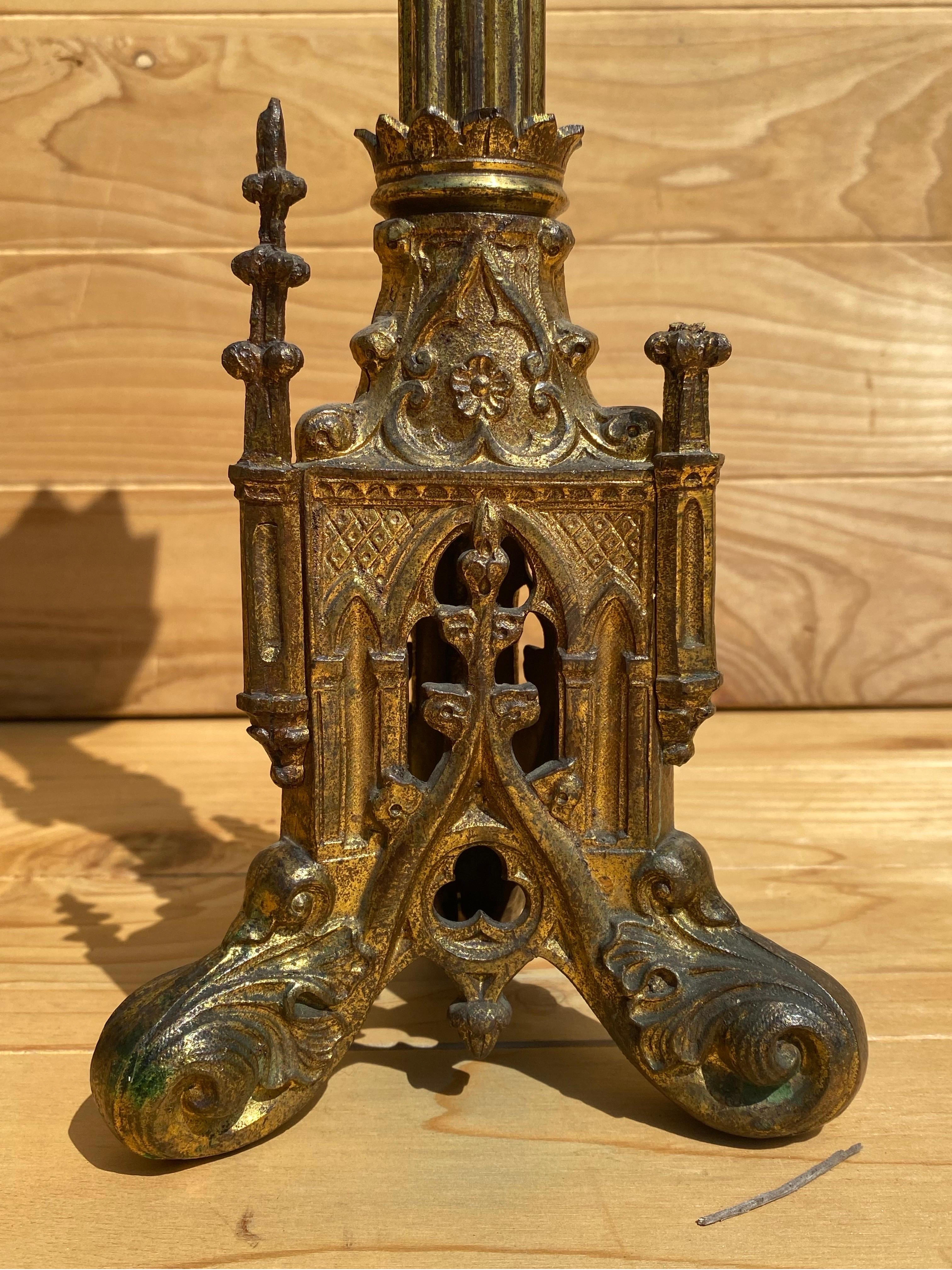 Gotico Antique French Neogothic Altar Torchère Candlestick Set w/ Architectural Element in vendita