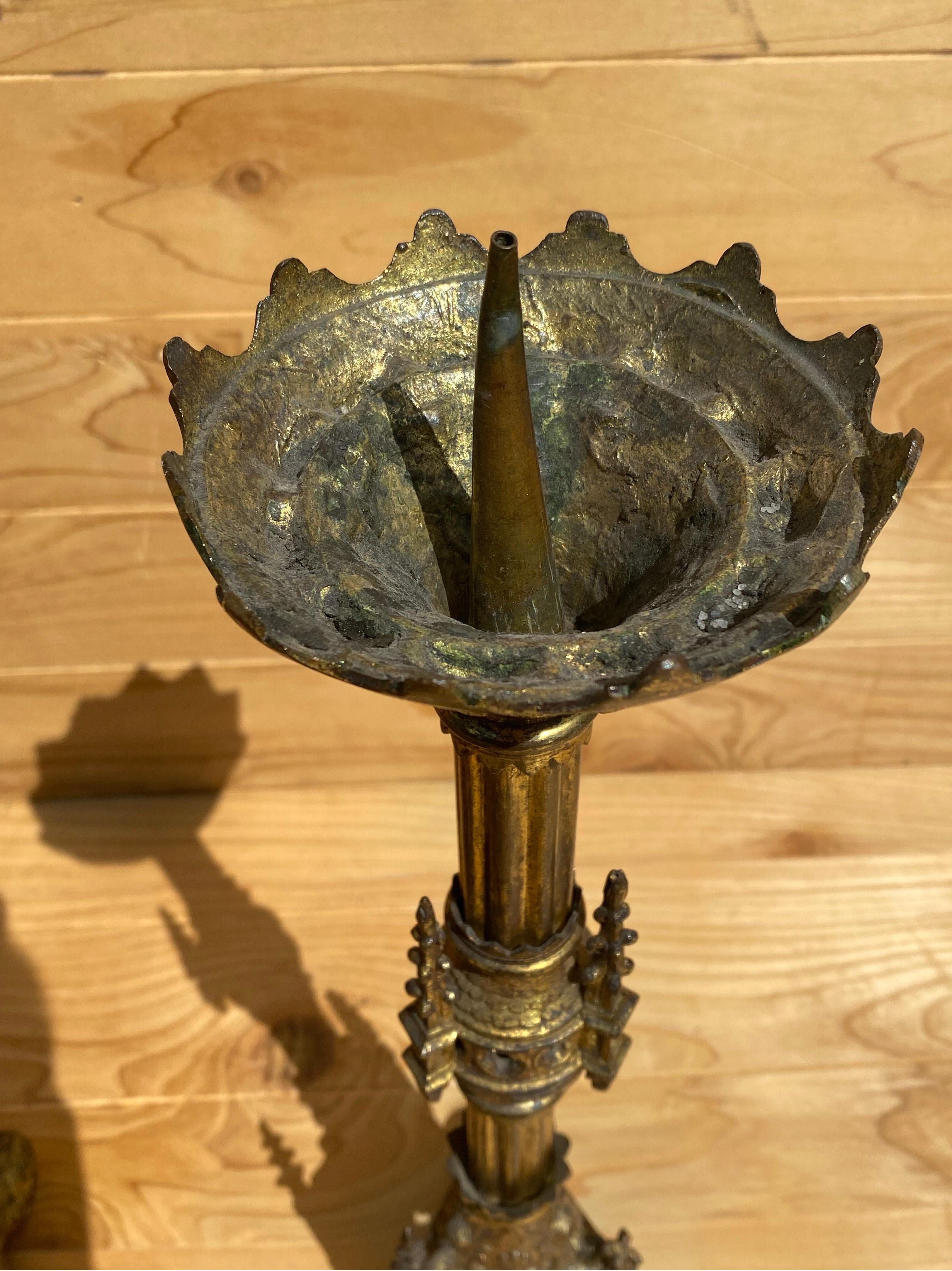 Francese Antique French Neogothic Altar Torchère Candlestick Set w/ Architectural Element in vendita