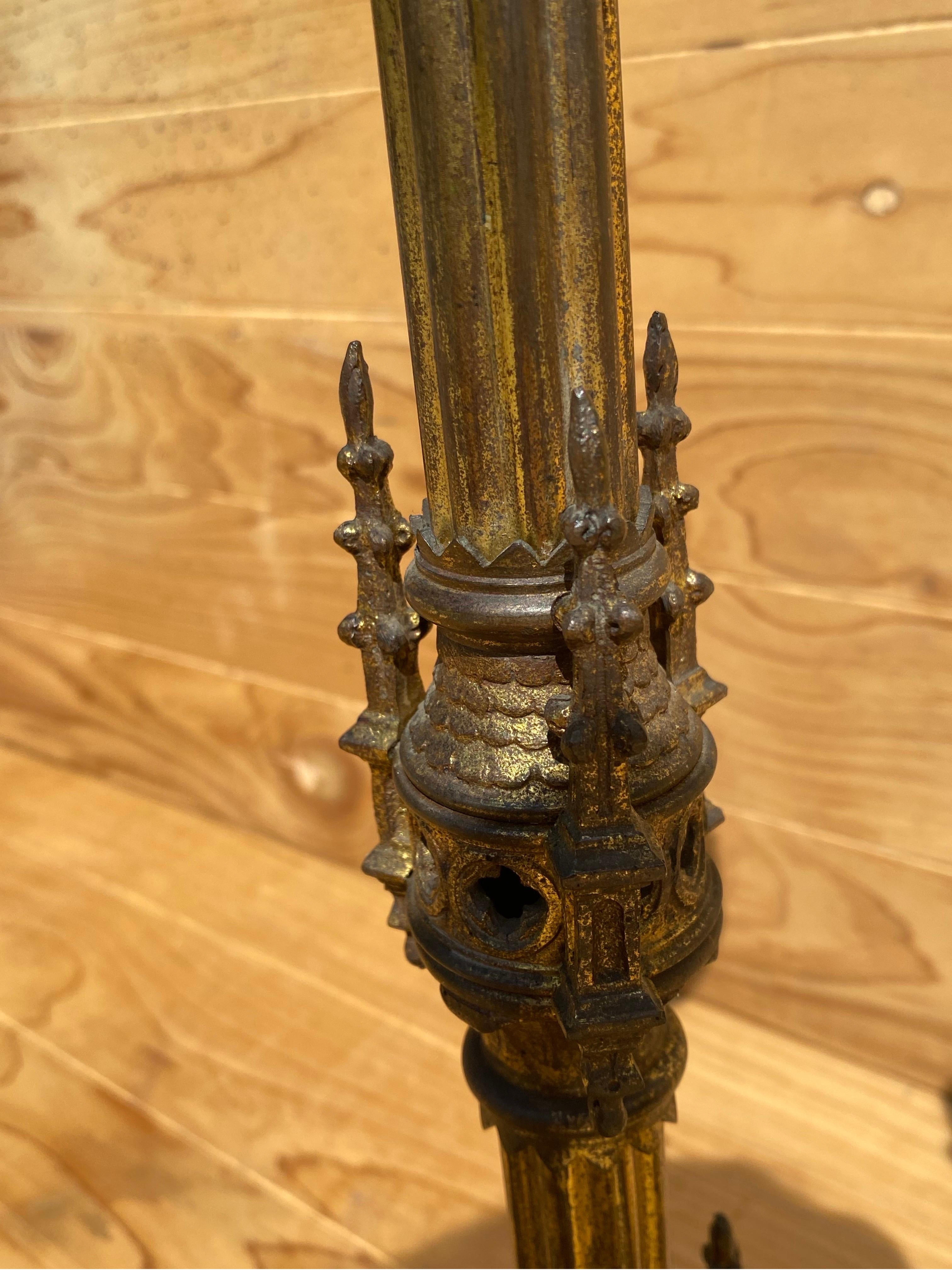Brass Antique French Neogothic Altar Torchère Candlestick Set w/ Architectural Element For Sale