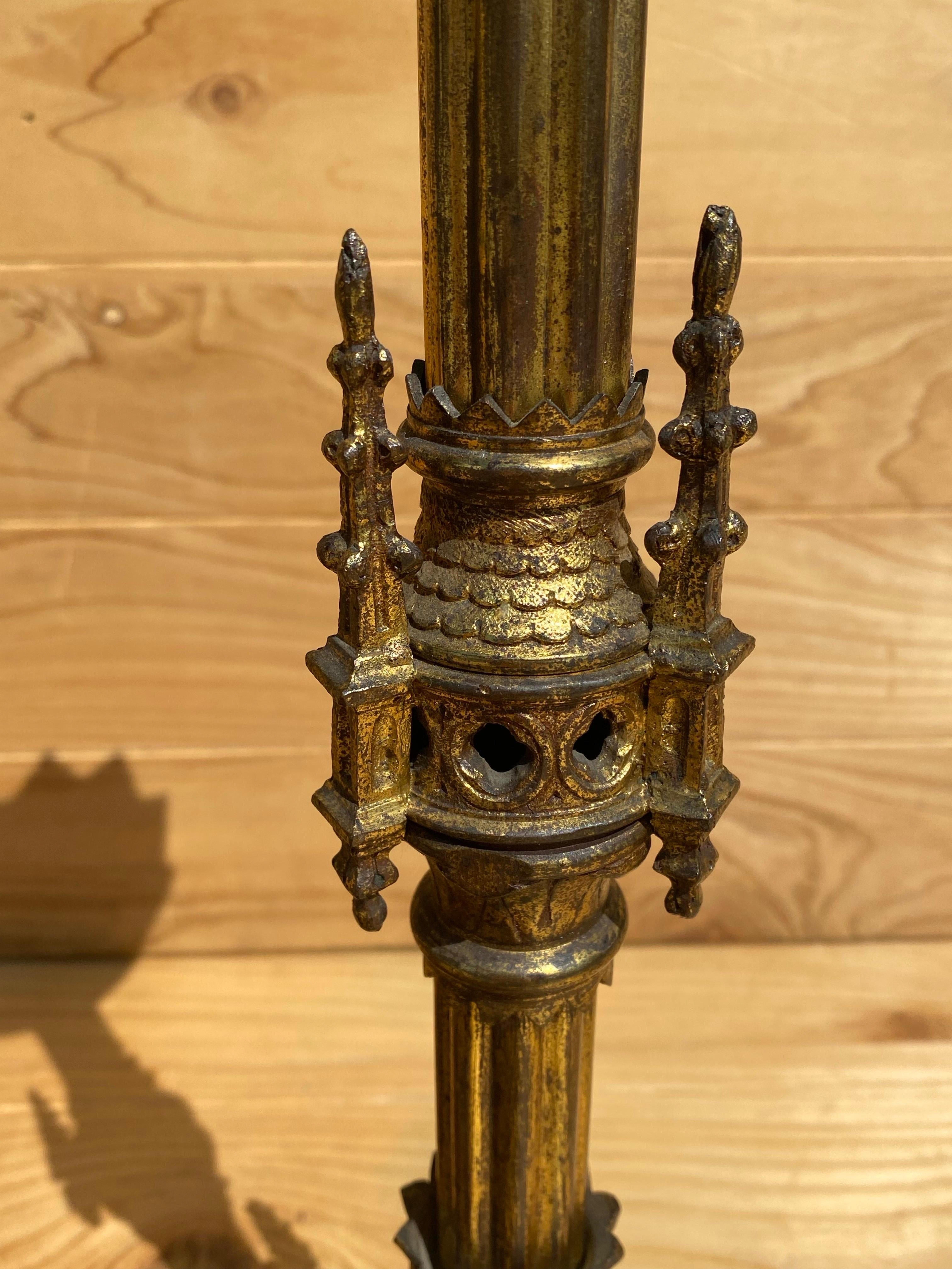 Ottone Antique French Neogothic Altar Torchère Candlestick Set w/ Architectural Element in vendita
